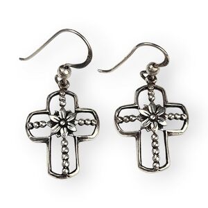 Vintage Sterling Cross Drop Earrings Flower Filigree Floral 925 Silver 1.25"